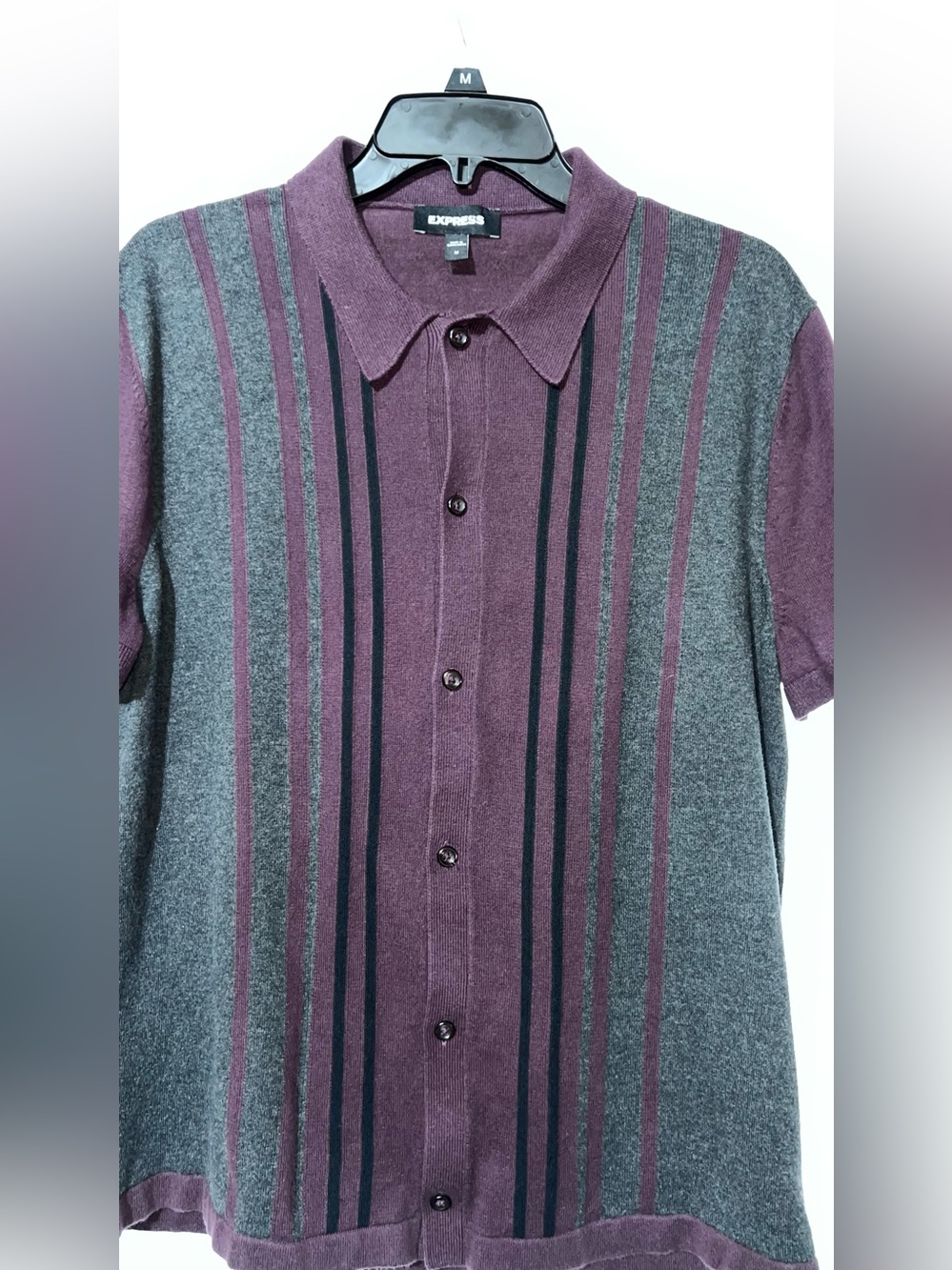 Express Men's Purple and Gray Short-Sleeve Button Cardigan with Stripe Detail